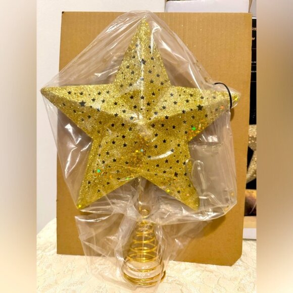 BNIB Gold Glitter Star Christmas Tree Topper LED lights Battery Operated - Picture 3 of 4
